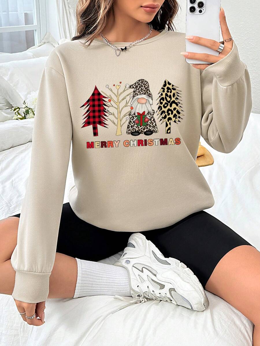 SHEIN EZwear Christmas Print Drop Shoulder Sweatshirt - Khaki - View 1