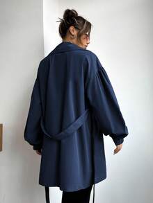 SHEIN EZwear Áo khoác dài tay có cổ có cổ có dây thắt lưng đôi - Màu xanh lam - Xem 3