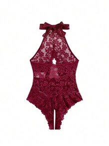 Floral Lace Scallop Trim Crotchless Teddy Bodysuit Lingerie - Burgundy - View 2