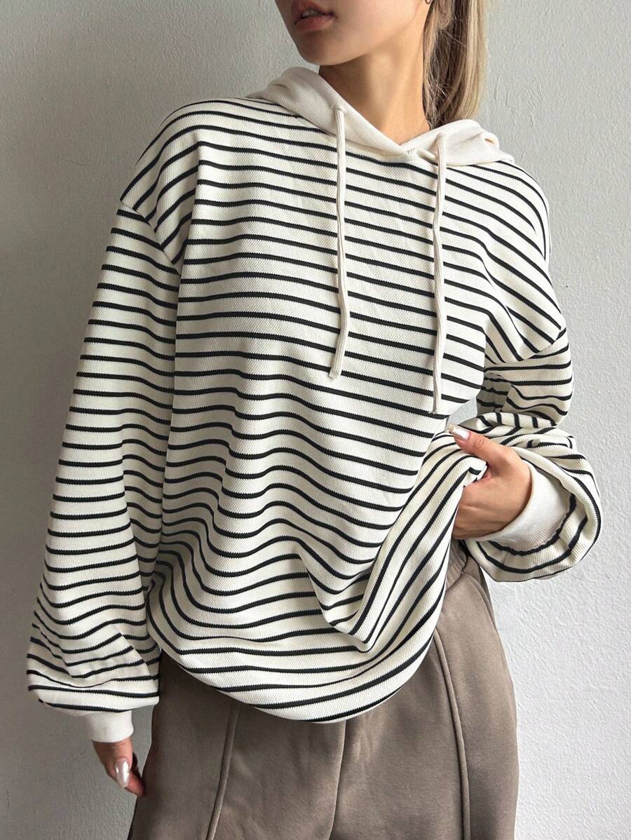 DAZY Striped Print Drop Shoulder Drawstring Hoodie,Long Sleeve Tops Sweatshirt - Apricot - View 1