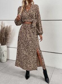 SHEIN LUNE 滿版印花燈籠袖側打結短款上衣和高衩半身裙 - 彩色 - 查看 3