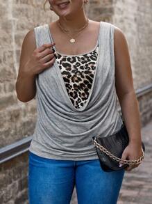 SHEIN LUNE Hơn In hoa Báo Mặt trước xếp ly dọc Áo ba lỗ - Xám - Xem 1