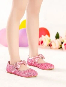 新品到貨發亮的粉色的金屬亮絲蝴蝶結平底鞋適用於兒童在秋天和冬天 - 粉色 - 查看 2