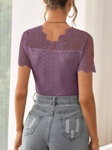 SHEIN VCAY Camiseta con encaje en contraste ribete en abanico con bordado con ojal - Morado - Ver 2