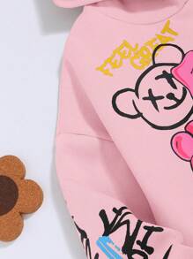 SHEIN Sudadera con hombros caídos y gráficos de dibujos animados y eslóganes para niña preadolescente, para otoño/invierno - Rosa Pálido - Ver 4