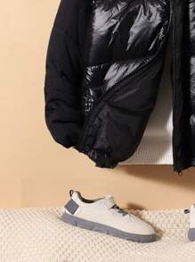 SHEIN Tween Boy Striped Tape Panel Zipper Padded Coat Without Sweater - Black - View 6