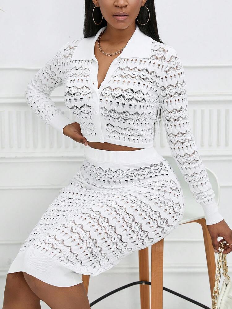 Pointelle Knit Crop Sweater & Knit Skirt Fall Cloth For Women