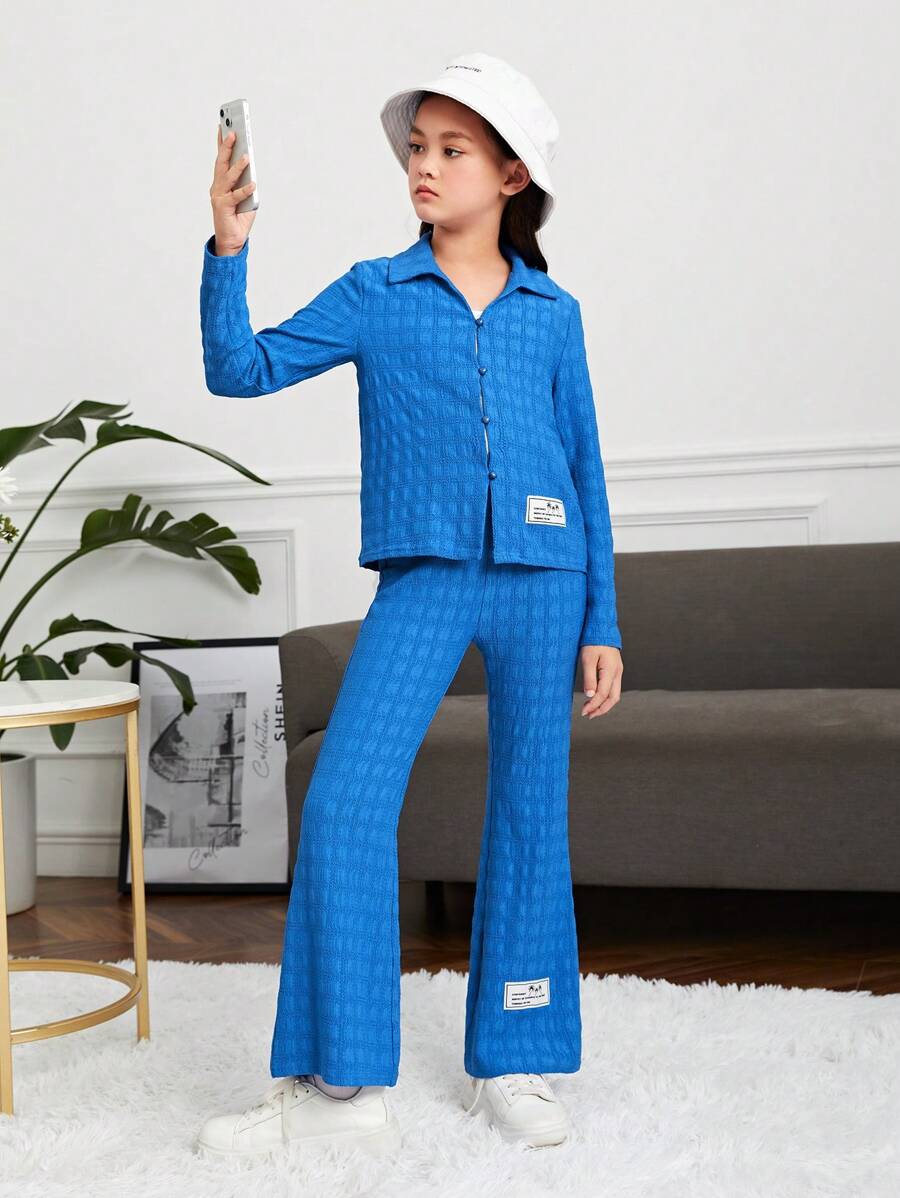 SHEIN Tween Girl Letter Patched Detail Blouse & Pants - Royal Blue - View 1