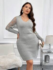 SHEIN Clasi Plus Contrast Lace Bodycon Sweater Dress - Black - View 4