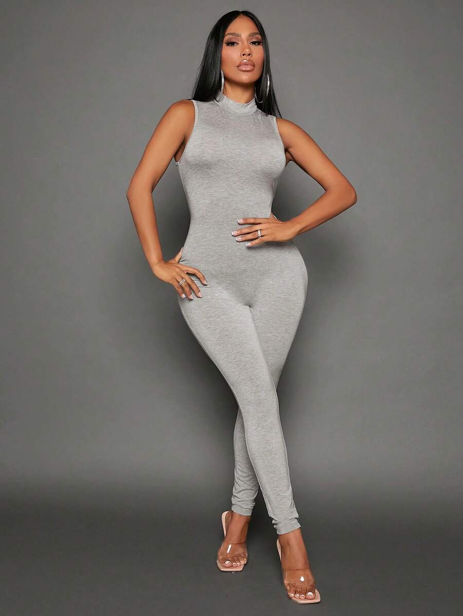 SHEIN SXY Solid Mock Neck Unitard Jumpsuit - Grey - View 1