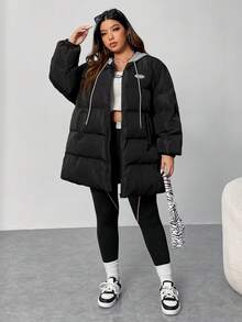 SHEIN EZwear Abrigo con capucha con cordón y hombros caídos acolchado 2 en 1 talla grande - Negro - Ver 5
