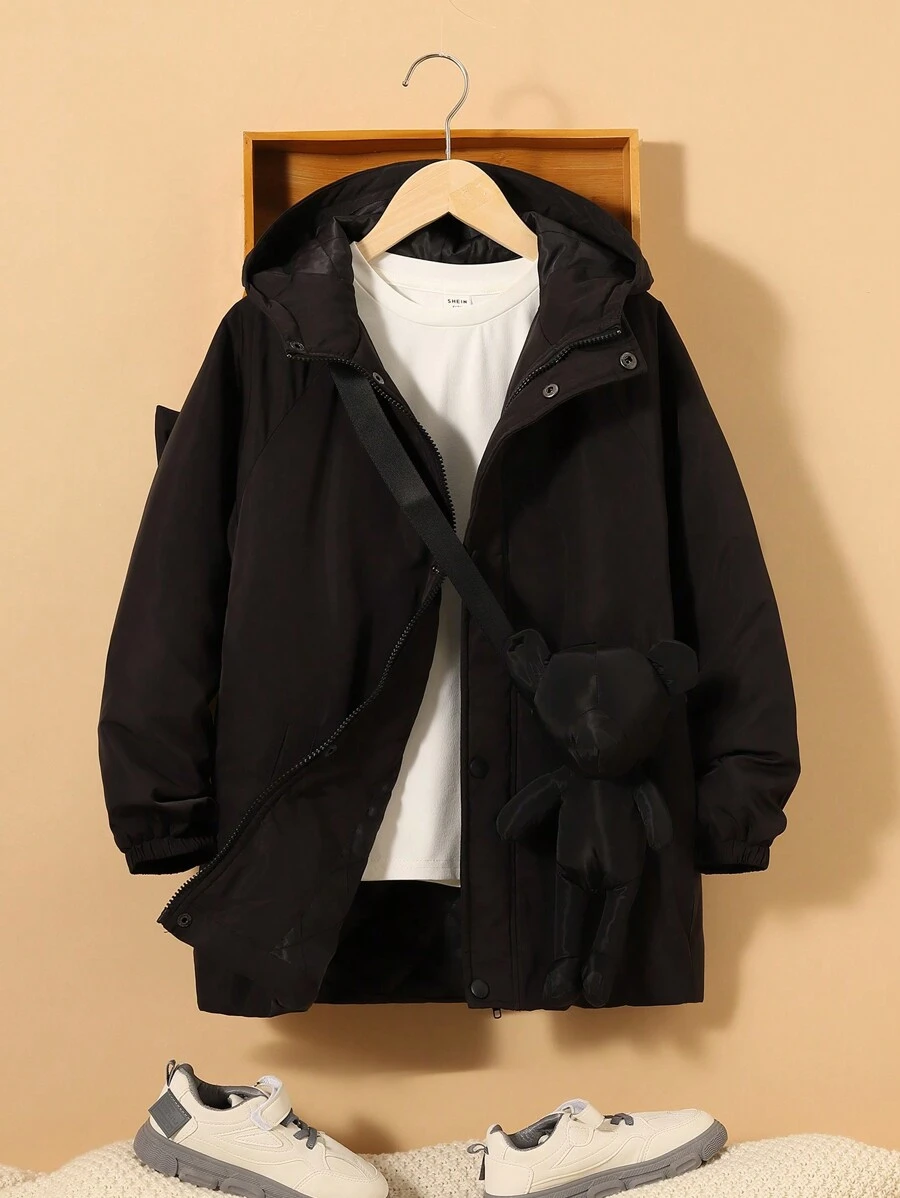 SHEIN Tween Boy 1pc Zip Up Hooded Padded Coat - Black - View 1