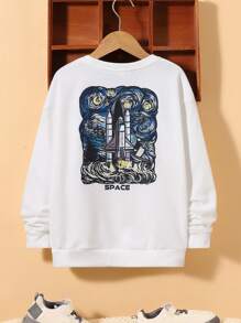 SHEIN Tween Boy Letter & Rocket Print Drop Shoulder Sweatshirt - White - View 1