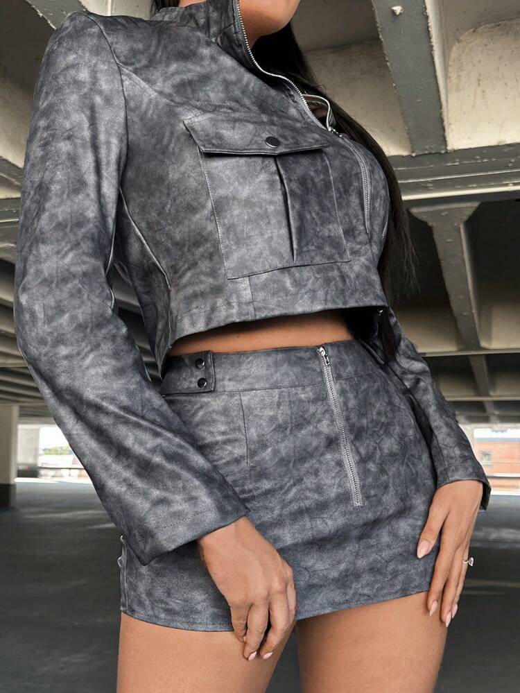 Tie Dye Flap Pocket Zip Up Crop PU Leather Jacket