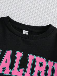 SHEIN Tween Girls' Loose Fit Knitted Round Neck Letter Printed Casual Sweatshirt - Black - View 7