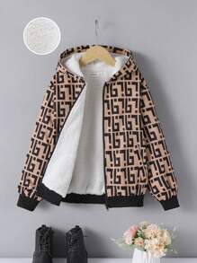 SHEIN 女大童滿版印花毛絨內襯連帽加絨內裏夾克 - 棕色 - 查看 1