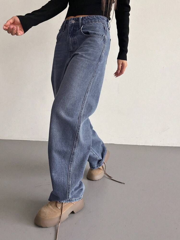 Slant Pocket Wide Leg Jeans,Baggy Jeans