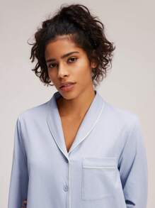 LUVLETTE Autumn And Winter Soft Sky Blue 100% Pure Cotton Basic Shawl Collar Long Pajama Set For Women Lounge Sets For Women Pants With Pockets Fall Pajamas Clothes