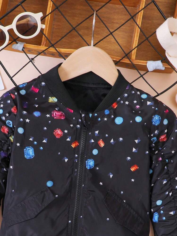 Young Girl Rhinestone Print Ruched Sleeve Bomber Jacket