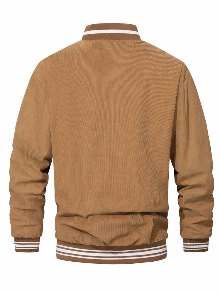 Loose Men's Padded Coat With Embroidered Slogan Pattern And Striped Trimming