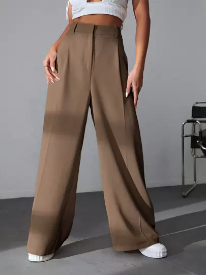 SHEIN EZwear Pantalones casuales sueltos de cintura alta con pliegues y pernera ancha de unicolor para mujer
