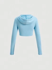 SHEIN MOD Dây kéo Dây rút áo có mũ Áo len crop - Màu xanh nhạt - Xem 2