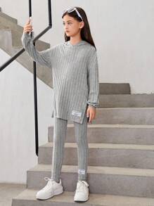 SHEIN Tween 女孩字母貼片落肩連帽運動衫和緊身褲 - 灰色 - 查看 3
