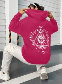 Flirla 加大码日月印花落肩抽绳卫衣 - 玫紅色 - 查看 5