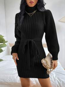 EURMUSE Turtleneck Ribbstickad tröja med bälte - Svart - Visa 4