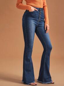 SHEIN Essnce Button Fly Flare Leg Jeans - Medium Wash - View 3