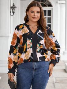 SHEIN Clasi Plus Floral Print Notched Neckline Contrast Trim Lantern Sleeve Blouse