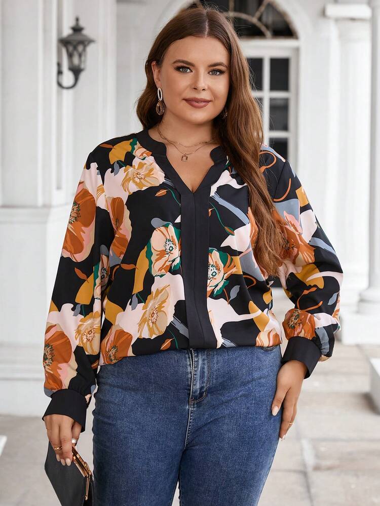 Plus Floral Print Notched Neckline Contrast Trim Lantern Sleeve Blouse