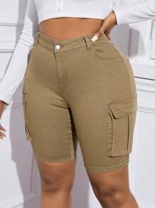 SHEIN SXY Hơn Túi nắp bên cạnh Cargo Quần short Denim - Lạc đà - Xem 1