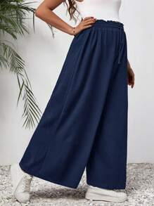 SHEIN Maternity Paperbag Waist Knot Front Wide Leg Pants - Navy Blue - View 3