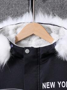 Tween Boy Letter Graphic Fuzzy Trim Hooded Thermal Lined Coat - Navy Blue - View 5