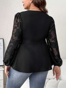 SHEIN Clasi 大碼網紗拼接燈籠袖側打結圍裹女士襯衫 - 黑色 - 查看 2