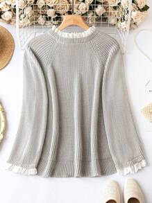 SHEIN LUNE Plus Size Lace Hem Patchwork Raglan Sleeve Long Sleeves Pullover Sweater - Grey - View 2