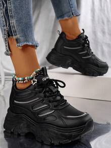 女式黑色內增高運動鞋休閒透氣pu皮鞋面厚底 - 黑色 - 查看 5