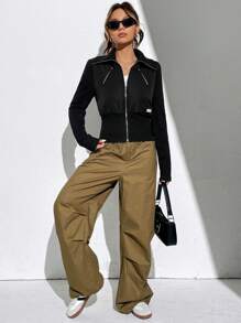 SHEIN EZwear Letter Patched Zip Up Padded Coat - Black - View 4