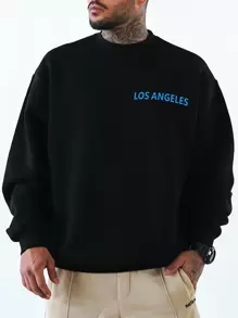 Manfinity LEGND Plus Size Men's Casual Sweetheart Letter Print Long Sleeve Hoodie - Black - View 2