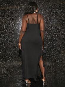 Slaydiva Plus Solid Asymmetrical Hem Cami Dress - Black - View 3