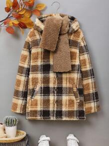 SHEIN Tween Boy Plaid Pattern Button Front Hooded Teddy Coat & Scarf - Multicolor - View 9
