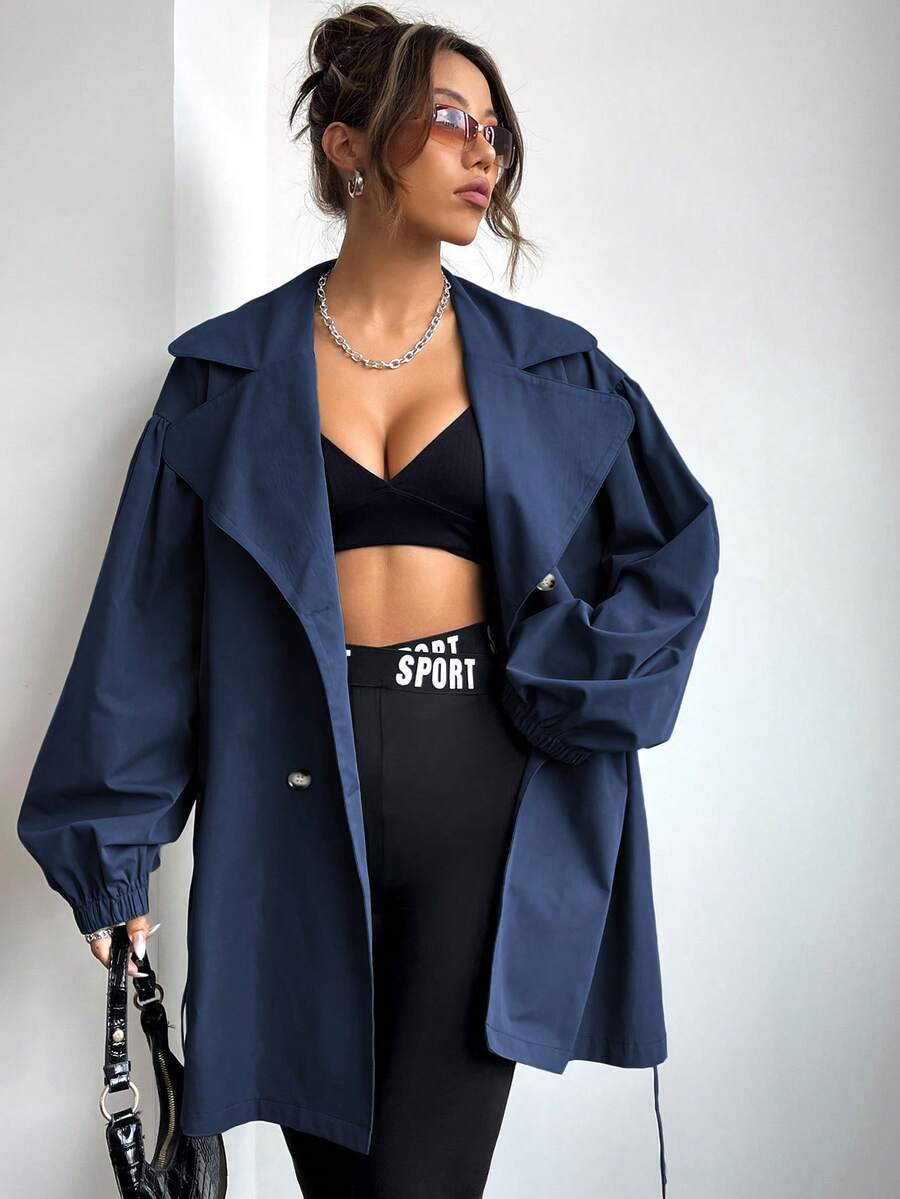 SHEIN EZwear Áo khoác dài tay có cổ có cổ có dây thắt lưng đôi - Màu xanh lam - Xem 1