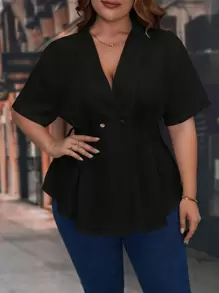 SHEIN Clasi 大碼褶皺荷葉邊下擺襯衫 - 黑色 - 查看 1