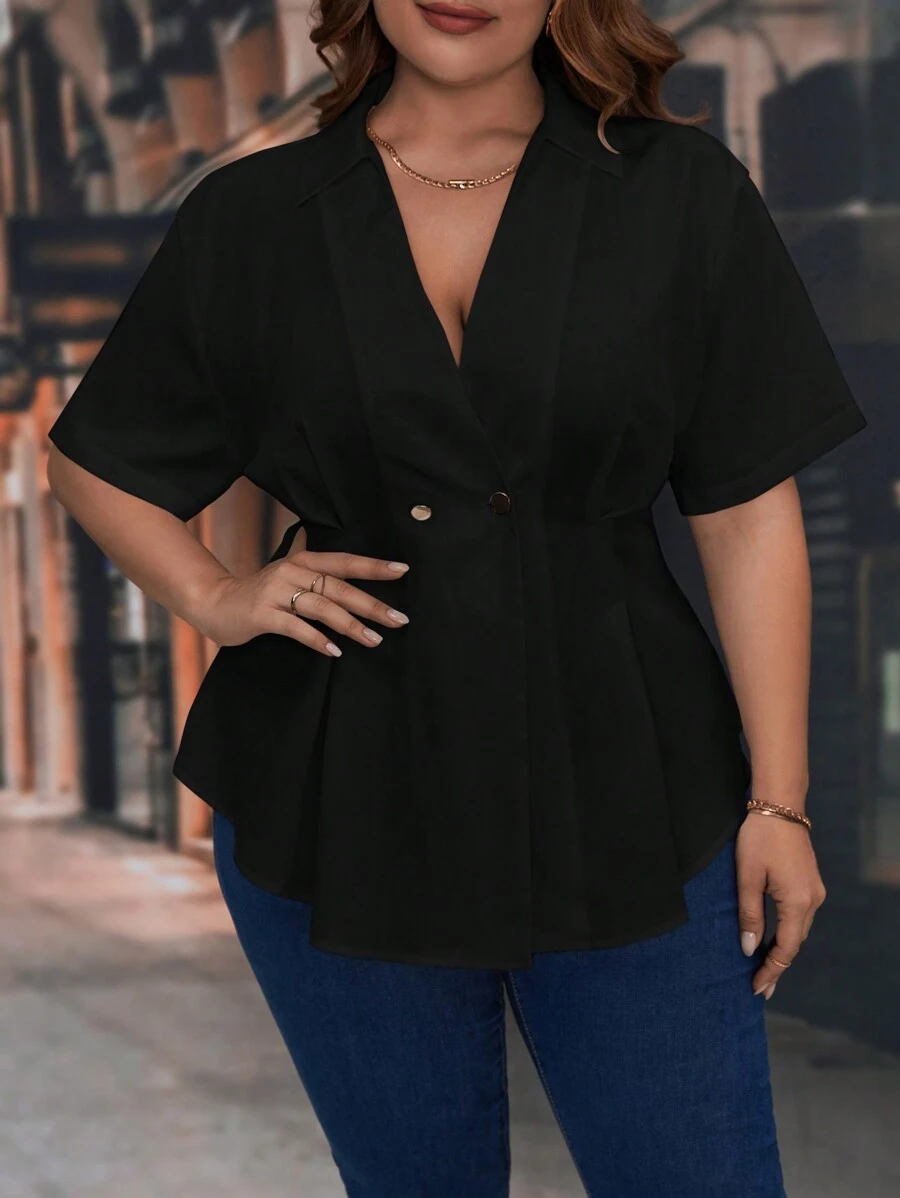 SHEIN Clasi 大碼褶皺荷葉邊下擺襯衫 - 黑色 - 查看 1