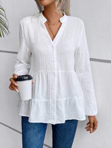 EMERY ROSE 缺口领口 灯笼袖 荷叶边下摆 罩衫 荷叶边上衣