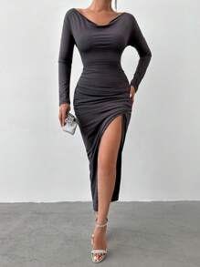 EURMUSE Đầm ôm body gợi cảm tay dài xếp ly cổ nhún màu trơn cho nữ - màu nâu - Xem 1