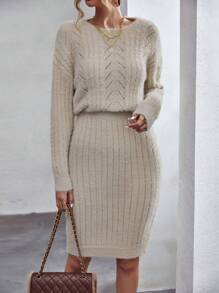Chiquease Cable Knit Drop Shoulder Sweater Dress - Khaki - View 3