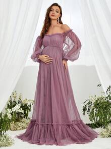Maternity Off Shoulder Lantern Sleeve Ruffle Hem Mesh Elegant Dress, For Party - Dusty Pink - View 5