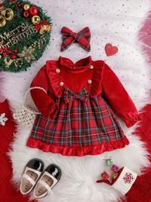 SHEIN Baby Girl Tartan Print Ruffle Trim Flare Sleeve Dress & Headband, For Christmas